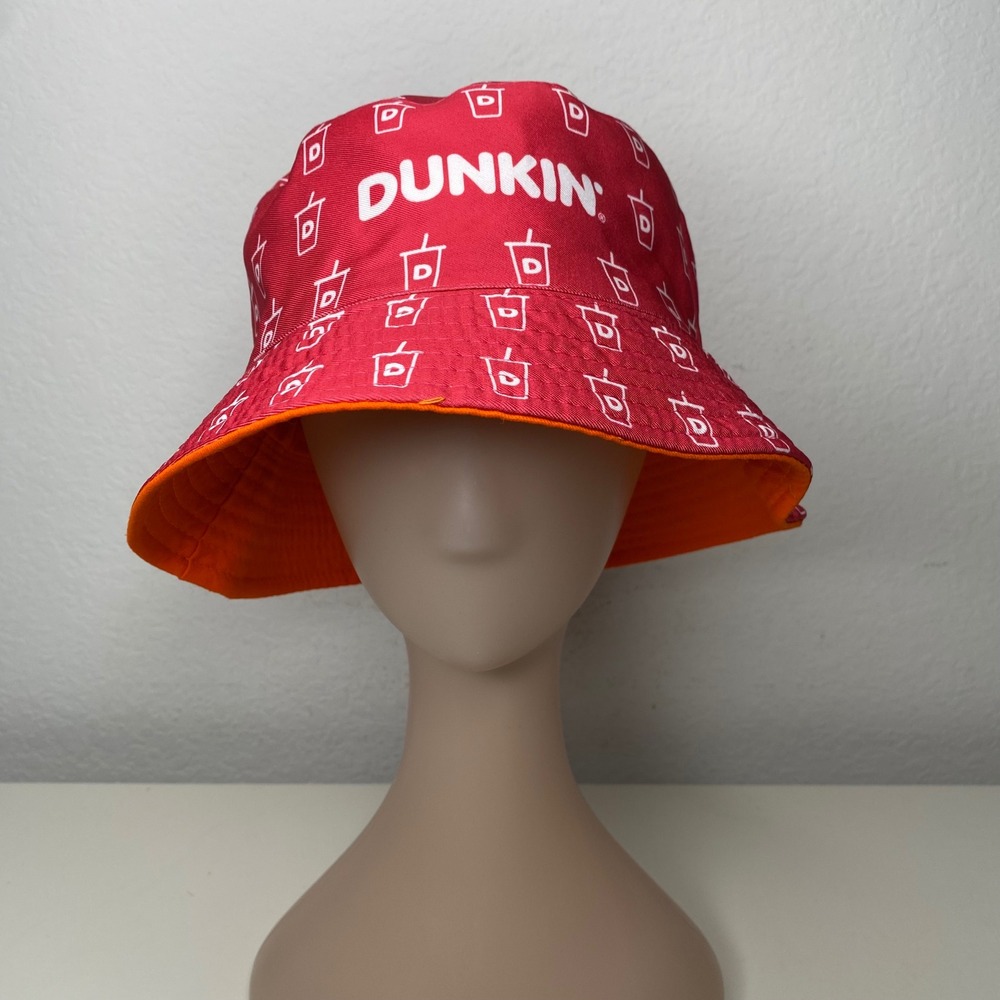 Dunkin Donuts Reversible Bucket Hat Orange Red‎ Coffee Cup Logo OS